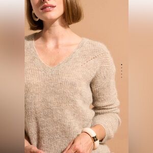 SUD Express Women's V-neck Mannako Mohair and Alpaca Sweater In Tan